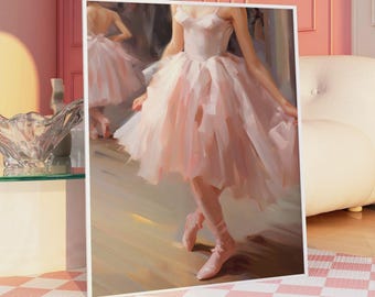 May include: A framed artwork depicts a ballerina in a pink tutu and pointe shoes. The painting has a soft, impressionistic style, with a focus on the dancer's form and the flowing fabric of the tutu. The artwork is displayed on a pink and white checkered rug.