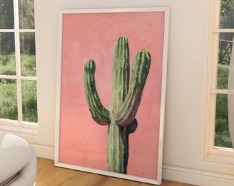 Pink & Green Cactus Painting, Trendy Texas Wall Art Print, Preppy Western Poster, Girly Room Decor, Digital Download