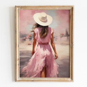 Western Girl Ölgemälde Preppy Wand Kunst Print, trendige druckbare Kunst, Preppy Zimmer Dekor, Küsten Cowgirl Girly Wandkunst, rosa Funky Poster