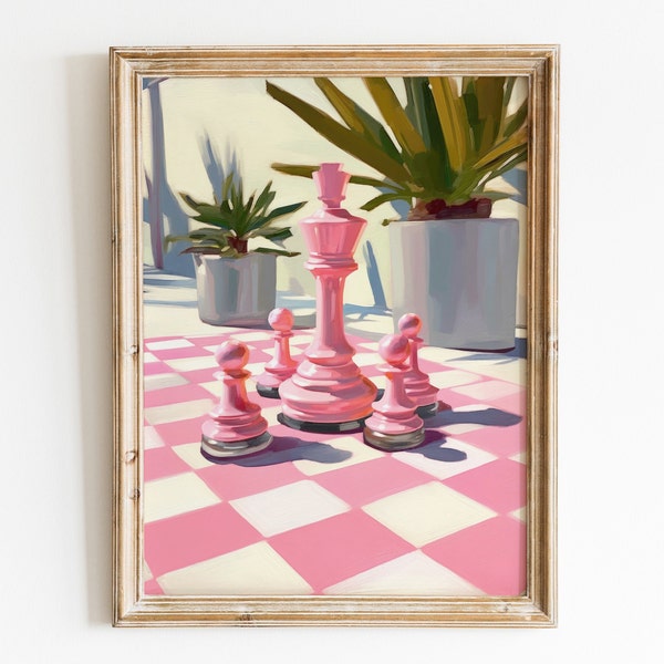 Preppy Pink Chess Pieces Wall Art Print, Funky Pink Aesthetic Wall Art, Preppy Room Decor, Trendy Printable Wall Art, Retro Hot Pink Poster