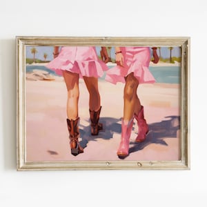 Impresión de arte de pared de vaqueras costeras, arte imprimible femenino con botas de vaquera rosa, decoración de habitación preppy, póster de arte digital de chicas occidentales de moda