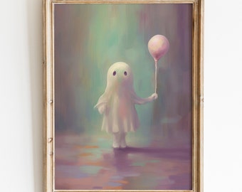 Pastel Halloween Cute Ghost with Balloon Wall Art Print, Preppy Ghost Printable, Vintage Halloween Decor, Pastel Cute Prints for Nursery