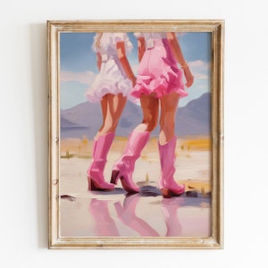 Preppy Coastal Cowgirls Girly Wandkunst, Pink Cowgirl Stiefel Trendige druckbare Kunst, Preppy Western Raumdekoration, Pink Cowboy Boots Funky Poster