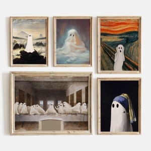 Fall Halloween Gallery Wall Prints Set, Vintage Halloween Decor, Cute Ghost Wall Art, Dark Academia Printable Set, Moody Gothic Autumn Art