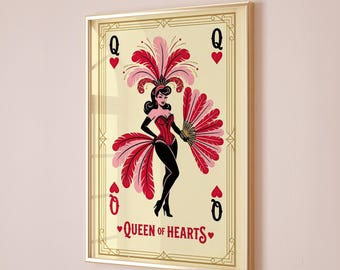 Queen of Hearts Burlesque Card Print: Trendy Lucky Girl Poster, Preppy Retro Vegas Room Decor (Digital Download)