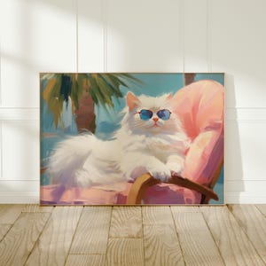 Kokette Katze mit Sonnenbrille Print, Girly Haustier Porträt, trendiges weiße Katzen Poster, Adrette Sommer Dekoration, digitaler Download