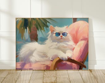 Coquette Cat with Sunglasses Print, Girly Pet Portrait, Trendy White Cat Poster, Preppy Summer Decor, Digital Download