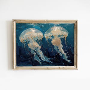 Vintage Jellyfish in Deep Waters Print: Girly Y2K Poster, Navy Maritime Room Decor (Digital Download)