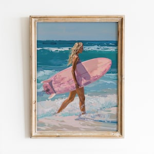 Surfer Girl Preppy Printable Wall Art, Girly Pink Surfboard Poster, Beachy Room Decor, Summer Coastal Print, Seaside Hawaii Digital Download