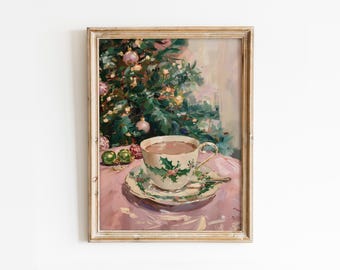 Vintage koffiekopje print: kerstkamerdecoratie, girly poster warme chocolademelk (digitale download)