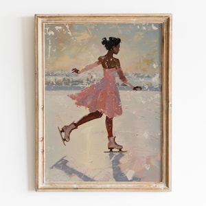 Figure Skater Girl Printable Wall Art, Preppy Room Decor, Ice Skating Black Girl Poster, Girly Pink Winter Print, Christmas Digital Download