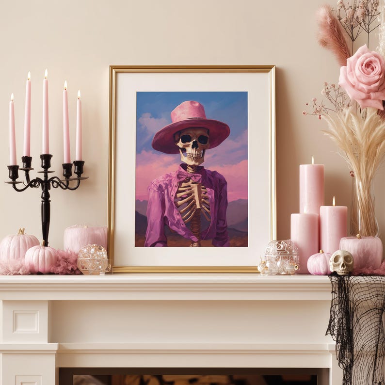Impresión de esqueleto de vaquera preppy: decoración gótica y caprichosa para Halloween (descarga digital) imagen 3