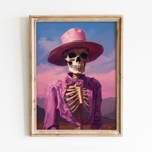 Impresión de esqueleto de vaquera preppy: decoración gótica y caprichosa para Halloween (descarga digital) imagen 1
