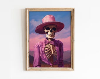 Preppy Cowgirl Skeleton Print: Whimsical Gothic Halloween Decor (Digital Download