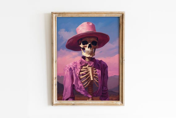 Preppy Cowgirl Skeleton Print: Whimsical Gothic Halloween Decor (Digital Download