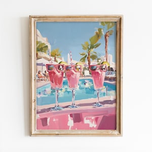 面白いピンクのカクテルのプリントウォールアート、トレンドの夏のドリンクポスター、プレッピーな部屋の装飾、レトロなプールプリント、ガーリーなデジタルダウンロード