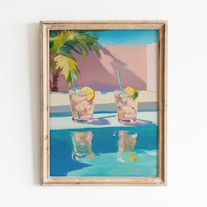 Letnie koktajle do wydrukowania na ścianie, modny nadruk z napojem alkoholowym, dziewczęcy wystrój baru kuchennego, plakat Cheers, różowe Palm Springs cyfrowe pobieranie