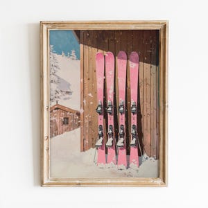 Retro Pink Ski Printable Wall Art, Vintage Skiing Poster, Preppy Room Decor, Winter Holiday Prints, Trendy Winter Painting Digital Download