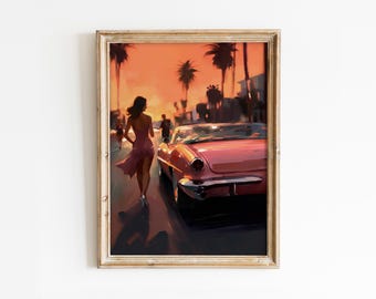 California Sunset Print: Retro Palm Springs Pink Car (Digital Download)
