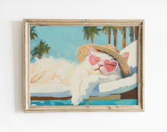 Sleeping Preppy Cat by the Pool Print: Girly Palm Springs Poster, Trendy Room Decor (Digital Download