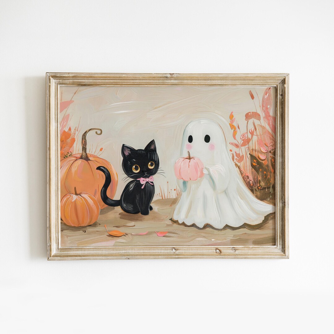 Cute Ghost & Black Cat Printable Wall Art, Nursery Halloween Decor ...