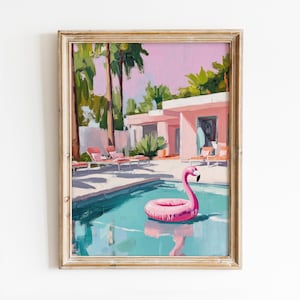Retro Flamingo Pool Float Printable Wall Art, Trendy Swimming Pool Print, Preppy Room Decor, Girly Palm Springs Poster, Digital Download