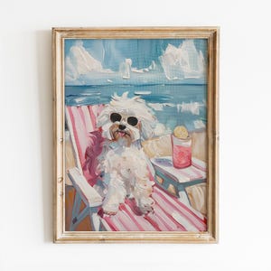 White Terrier am Strand druckbare Wandkunst, trendiger Hund mit Cocktail Poster, Preppy Beachy Beachy Dekor, Girly Sommerdruck, digitaler Download