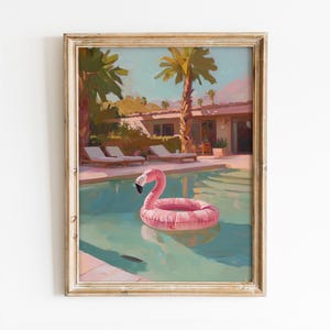 Retro Flamingo Pool Float Printable Wall Art, Trendy Swimming Pool Print, Preppy Room Decor, Girly Palm Springs Poster, Digital Download