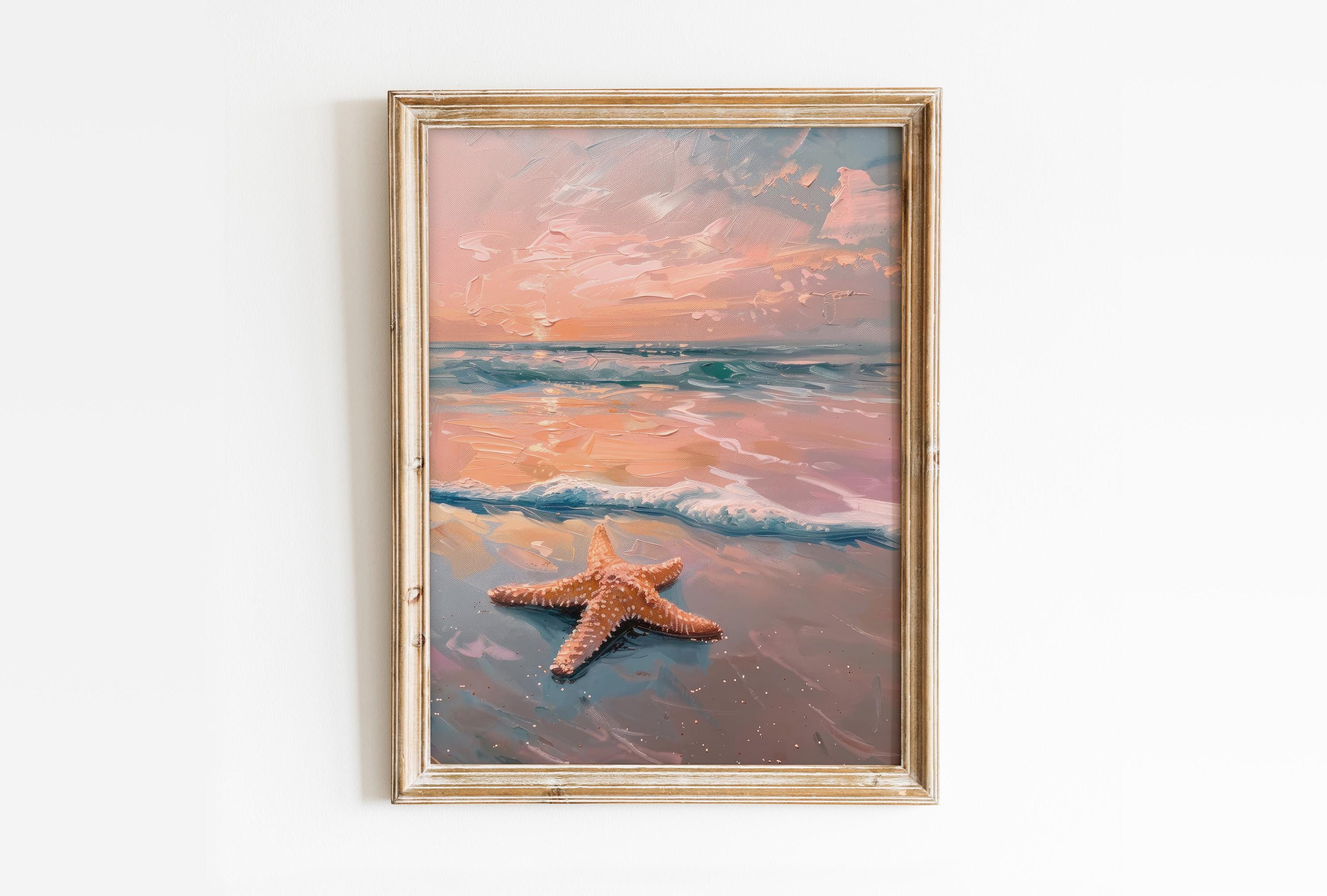 Starfish on Sand Printable Wall Art, Trendy Coastal Poster, Preppy Beachy Room Decor, Girly Summer Print, Pink Nursery Digital Download