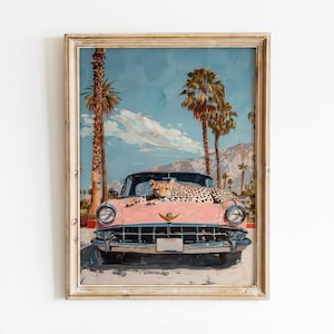 Gepard Girly druckbare Wandkunst, Retro Palm Springs Druck, Preppy Raumdekor, Funky Leopard-Plakat, trendige Sommer-Wandkunst digitaler Download