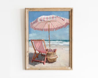 Pink Beach Umbrella Print: Girly Preppy Seaside Decor (Digital Download)