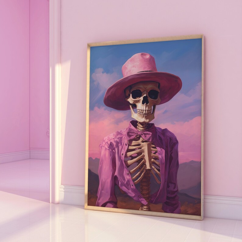 Impresión de esqueleto de vaquera preppy: decoración gótica y caprichosa para Halloween (descarga digital) imagen 2