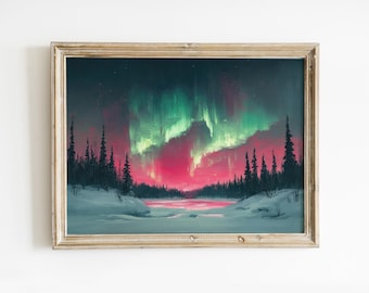 Aurora Borealis Landscape Print: Christmas Winter Decor, Northern Lights Poster (Digital Download)