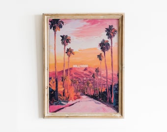 Hollywood Hills Sunset Print: Trendy California Summer Poster, Preppy Room Decor (Digital Download