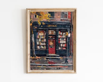 Vintage boekhandel Halloween-kunstprint: gezellig herfstdecor (digitale download)