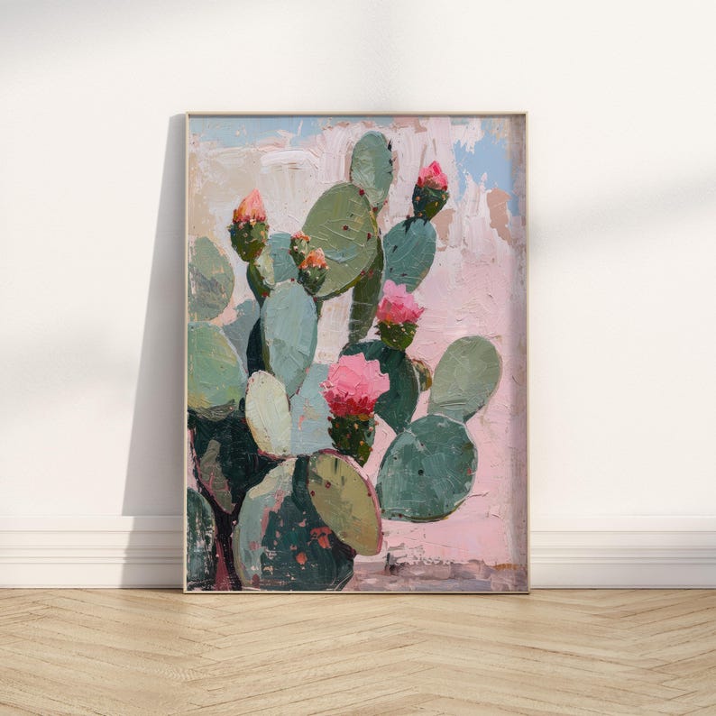 May include: A painting of a cactus with pink flowers on a pink background. The cactus is green and has many spines. The painting is done in a loose, impressionistic style.
