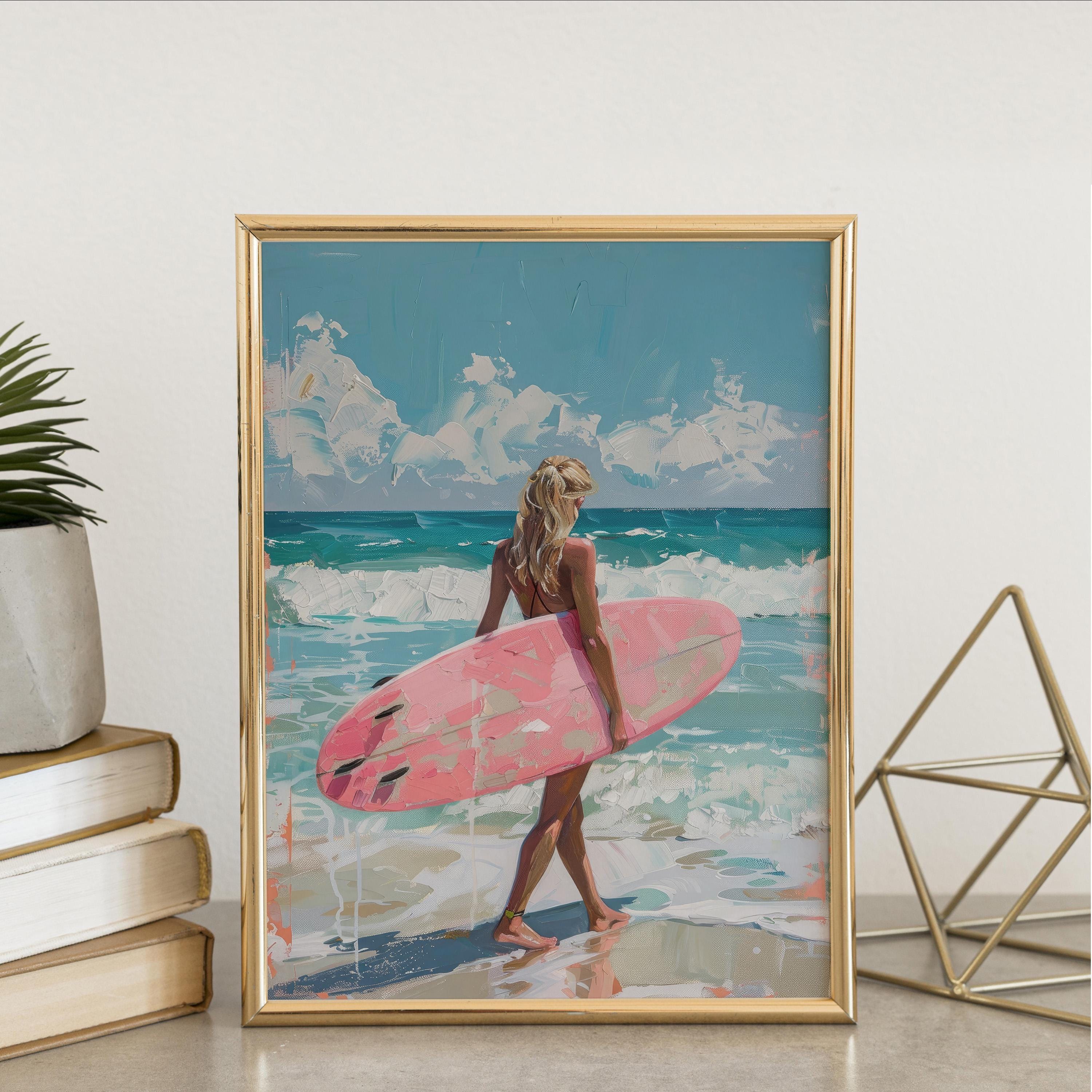 Surfer Girl With Pink Surfboard Print: Trendy Summer Poster