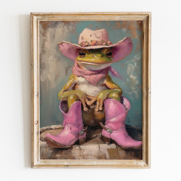 Preppy Frog with Cowgirl Hat & Boots Girly Printable Wall Art, Pink Cowgirl Hat Trendy Poster, Preppy Room Decor, Cute Frog Digital Download
