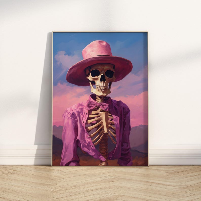 Impresión de esqueleto de vaquera preppy: decoración gótica y caprichosa para Halloween (descarga digital) imagen 5