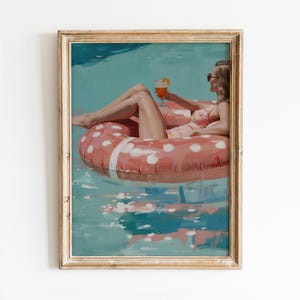 Retro Pool Party Printable Wall Art, Trendy Summer Poster, Preppy Room Decor, Girly Swimming Pool Print, Pink Swim Ring Digital Download