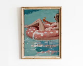 Retro Pool Party Art Print: Pink Pool Float Poster, Girly Summer Decor (Digital Download)