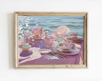 Mermaidcore Dinner Table Printable Wall Art, Coquette Beachy Poster, Preppy Coastal Decor, Girly Whimsical Print, Digital Download