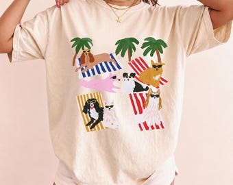 Camiseta Comfort Colors® "Cães Legais na Praia", Presente Moderno para Mães de Cachorro, Camiseta de Verão com Estampa de Praia, Camiseta Estilo Preppy com Animais, Roupa Feminina para Cachorros, Camiseta Divertida com Estampa de Cachorrinho