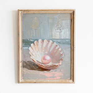 Pink Pearl in Oyster Printable Wall Art, Girly Summer Print, Trendy Seasonal Coastal Poster, Coquette Beach House Decor Digital Download