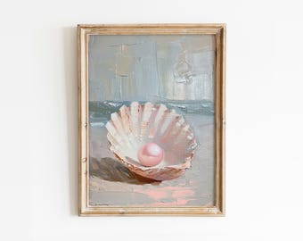 Pink Pearl in Oyster Printable Wall Art, Girly Summer Print, Trendy Seasonal Coastal Poster, Coquette Beach House Decor Digital Download