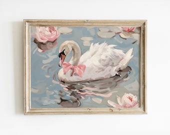 May include: A white swan with a pink bow floats on a blue and green water surface with pink flowers. The swan is in a framed painting.