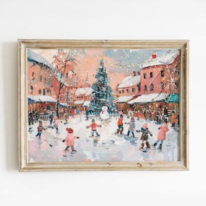 Ice Rink Christmas Printable Wall Art, Vintage Ice Skating Poster, Nursery Christmas Wall Decor, Pink Winter Holiday Print Digital Download