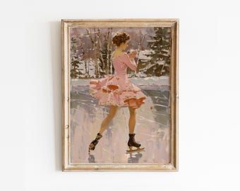 Peut inclure: Peinture vintage encadrée représentant une patineuse en robe rose. L'œuvre présente un paysage hivernal avec des arbres et de la neige. La patineuse porte des patins noirs et la peinture a une ambiance chaleureuse et nostalgique.