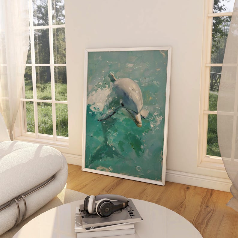 Op de afbeelding: Een ingelijst kunstwerk met een dolfijn die in turquoise water zwemt. De dolfijn is geschilderd in grijstinten en wit, met een textuur. Het kunstwerk staat in een witte lijst, leunend tegen een witte muur.