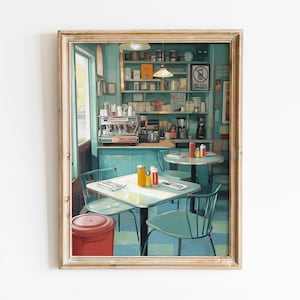 Könnte beinhalten: Ein Gemälde, das das Innere eines Diners mit blaugrünen Wänden und einem karierten Boden zeigt. Es gibt zwei Tische mit blauen Stühlen und eine Theke mit einer Kaffeemaschine. Das Gemälde hat einen Vintage-Charakter.